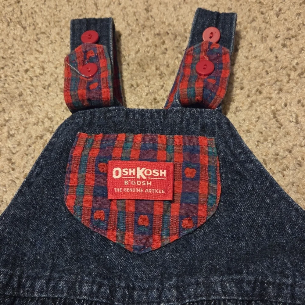 Vintage‎ Oshkosh B'gosh Denim Overalls Red Plaid Apple Print Bow USA Girls 3T